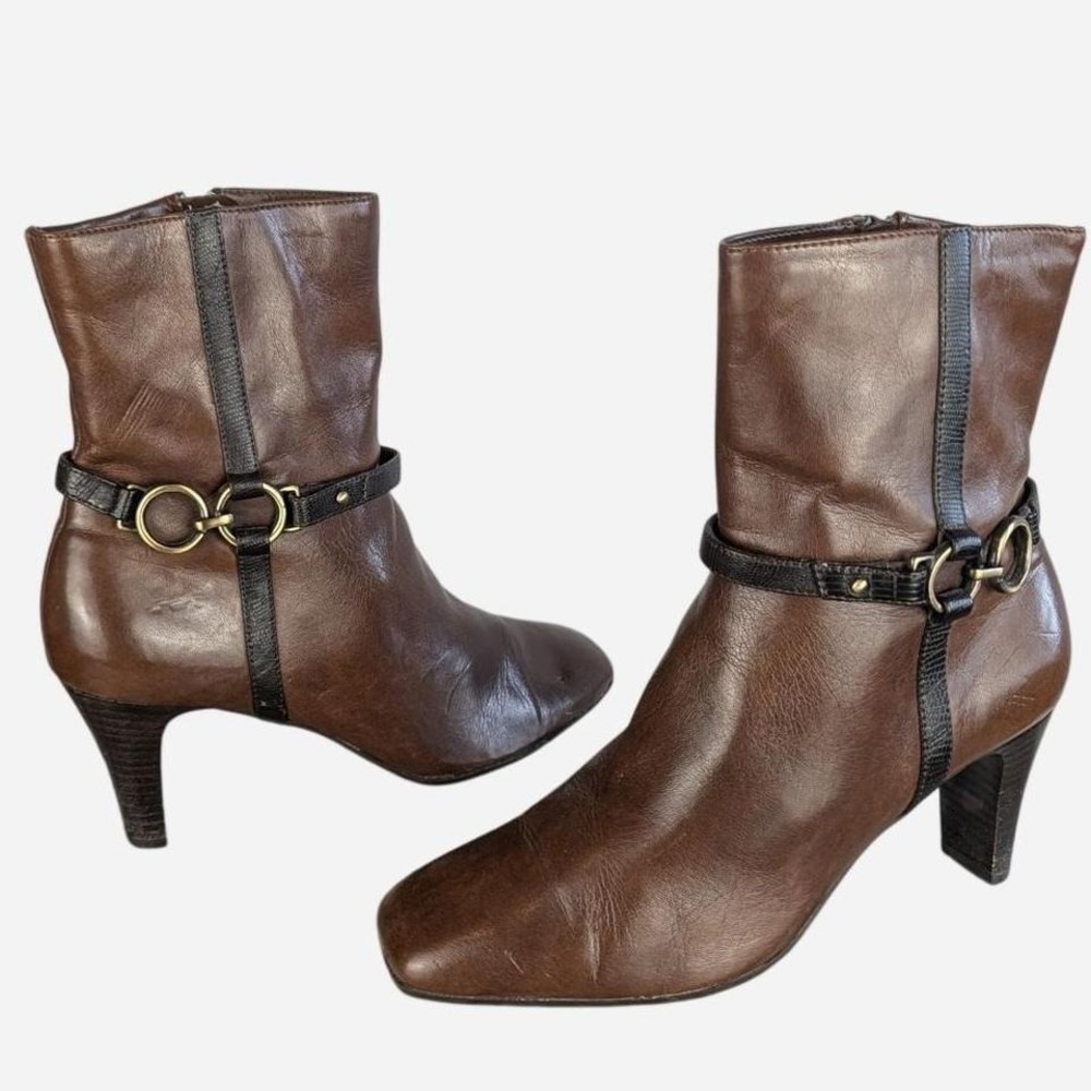 Vintage 90s Liz Claiborne Cecil Horsebit Harness Heel Ankle Boot Brown 6.5 - Picture 3 of 9